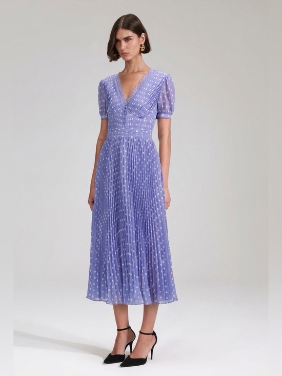 Self-Portrait Dresses & Skirts - Self-Portrait Lilac Polka-Dot Print Pleated Chiffon Midi Dress US 8